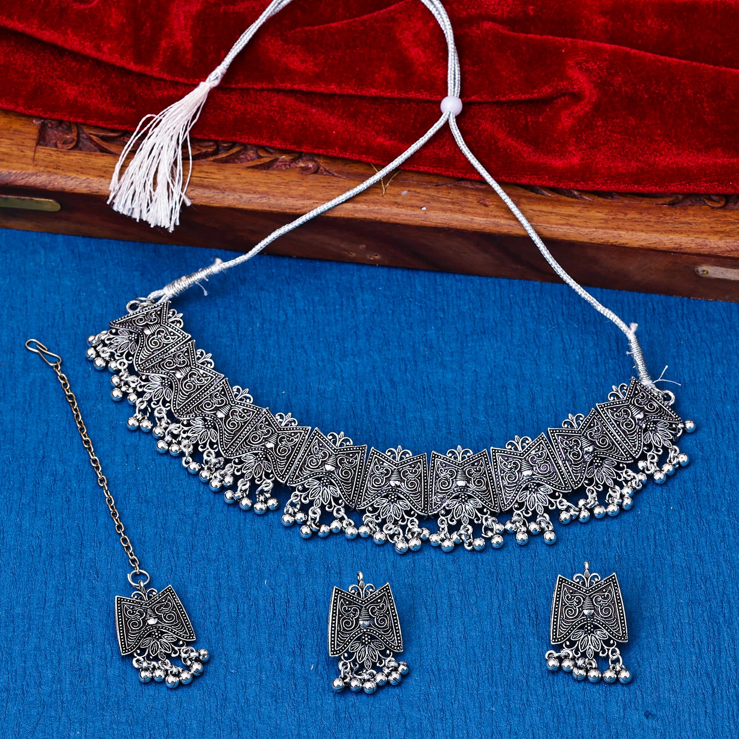 Morning Star Oxidized Silver Tradtional Afghani Fashion Jewellery Chand Necklace  Choker with Earrings Set For Womens and Girls